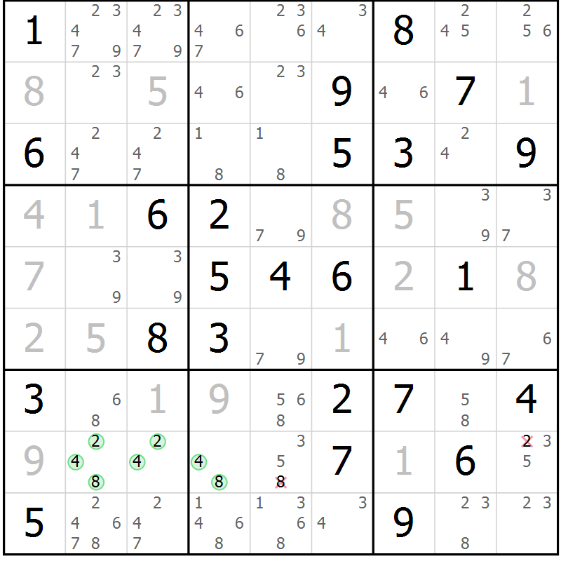 Position des candidats pour la solution de la Gr 84 page 87 du magazine de sudoku Virtuose n° 126