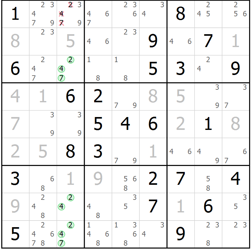 Position des candidats pour la solution de la Gr 84 page 87 du magazine de sudoku Virtuose n° 126