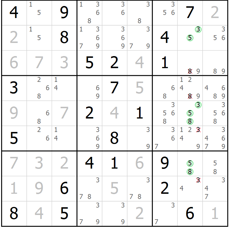 Position des candidats pour la solution de la Gr 9 page 12 du magazine de sudoku Virtuose n° 126