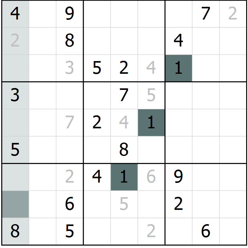 Position des candidats pour la solution de la Gr 9 page 12 du magazine de sudoku Virtuose n° 126