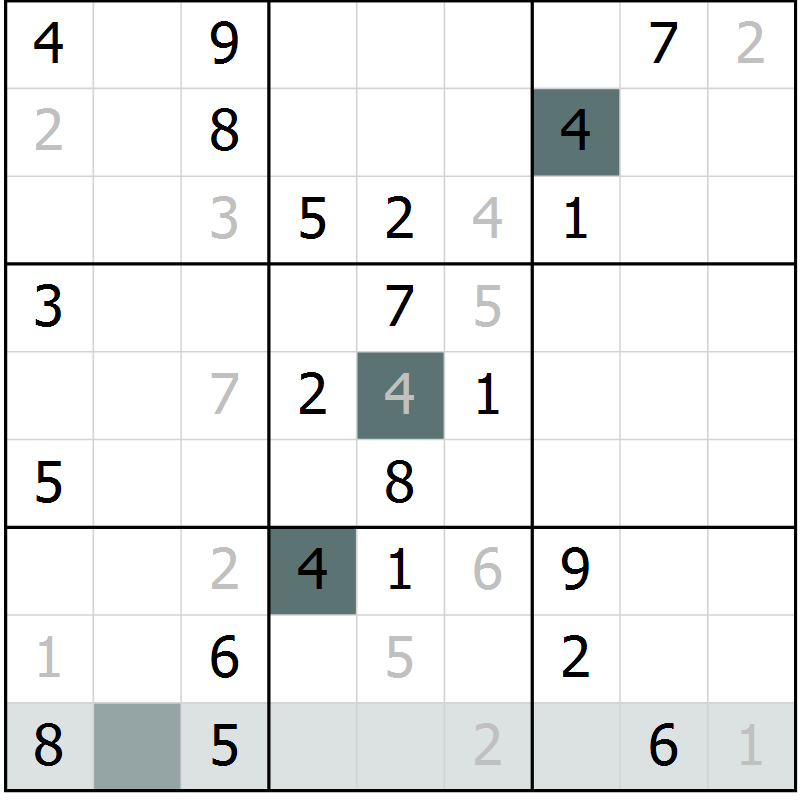 Position des candidats pour la solution de la Gr 9 page 12 du magazine de sudoku Virtuose n° 126