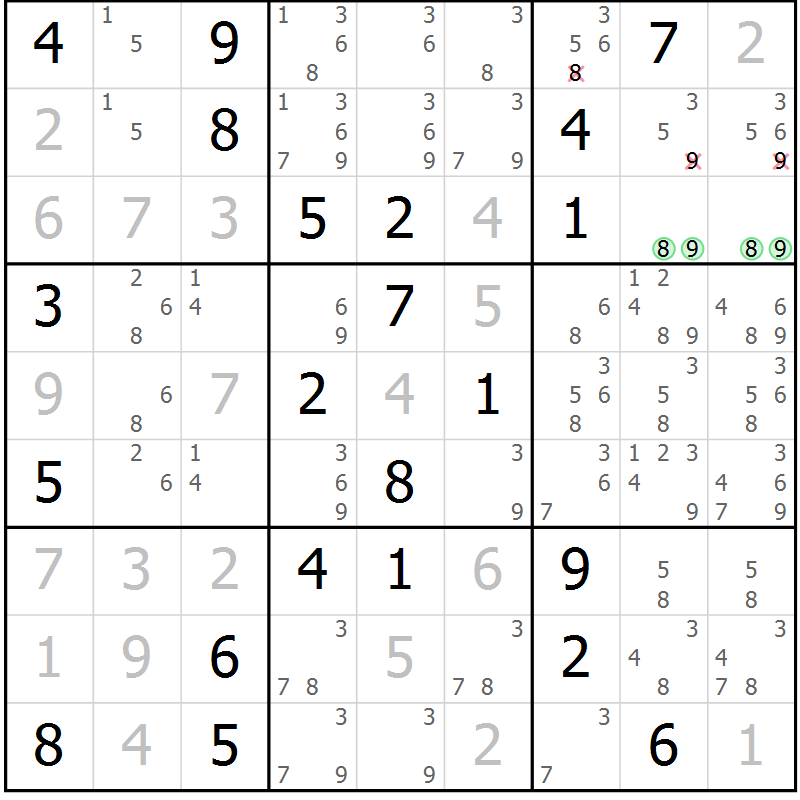 Position des candidats pour la solution de la Gr 9 page 12 du magazine de sudoku Virtuose n° 126