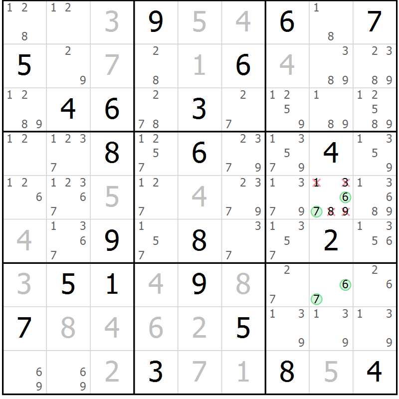 Position des candidats pour la solution de la Gr 1 page 4 du magazine de sudoku Virtuose n° 130