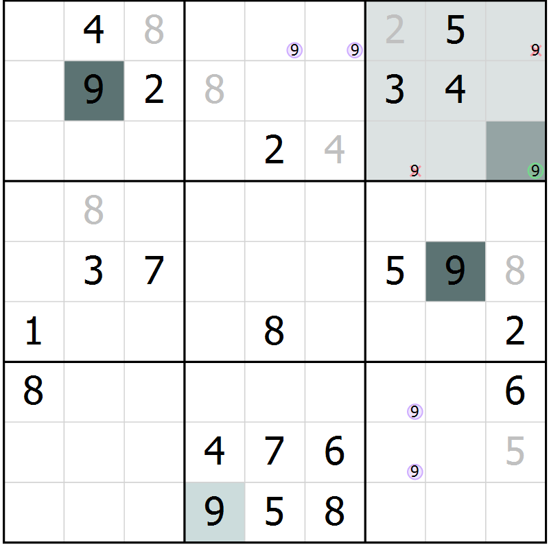 Position des candidats pour la solution de la Gr 10 page 13 du magazine de sudoku Virtuose n° 130