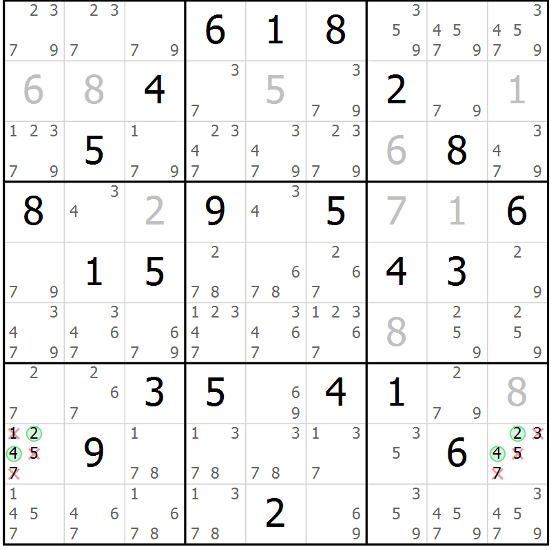Position des candidats pour la solution de la Gr 13 page 16 du magazine de sudoku Virtuose n° 130