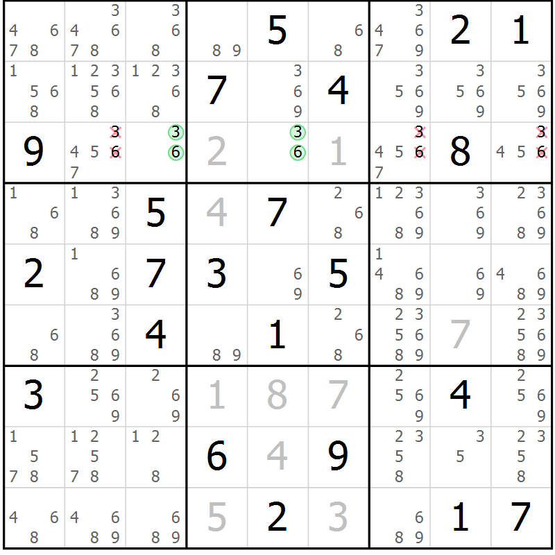 Position des candidats pour la solution de la Gr 14 page 17 du magazine de sudoku Virtuose n° 130