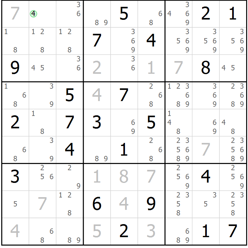 Position des candidats pour la solution de la Gr 14 page 17 du magazine de sudoku Virtuose n° 130