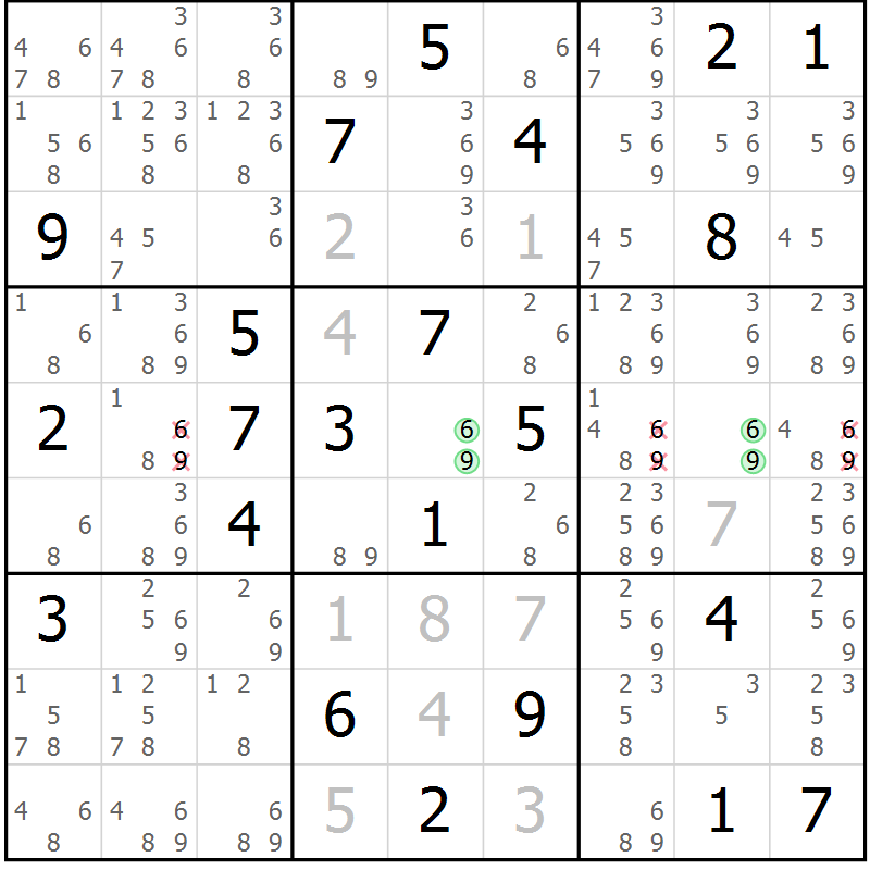 Position des candidats pour la solution de la Gr 14 page 17 du magazine de sudoku Virtuose n° 130