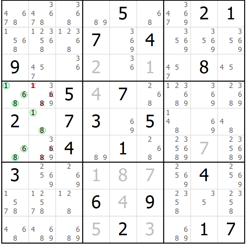 Position des candidats pour la solution de la Gr 14 page 17 du magazine de sudoku Virtuose n° 130