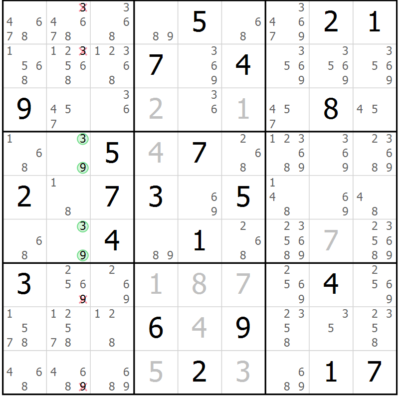 Position des candidats pour la solution de la Gr 14 page 17 du magazine de sudoku Virtuose n° 130