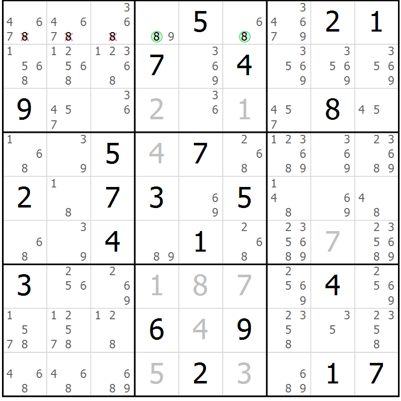Position des candidats pour la solution de la Gr 14 page 17 du magazine de sudoku Virtuose n° 130