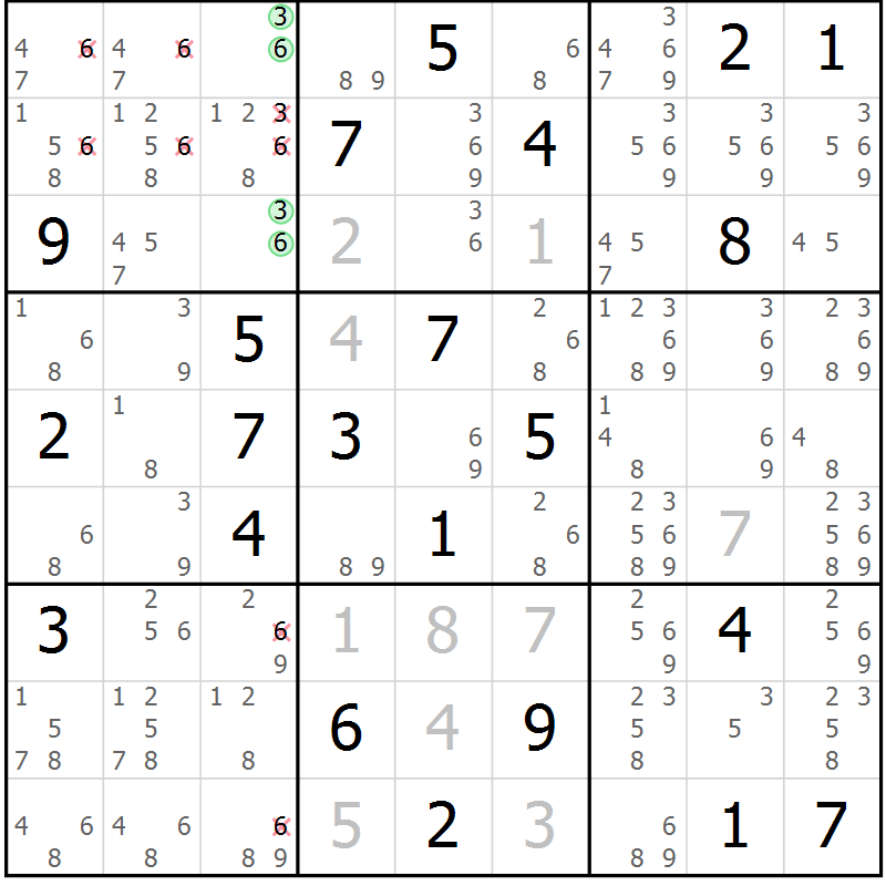 Position des candidats pour la solution de la Gr 14 page 17 du magazine de sudoku Virtuose n° 130
