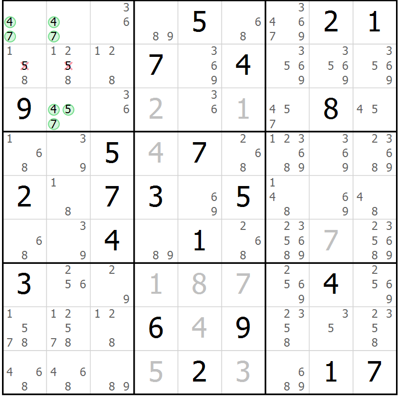 Position des candidats pour la solution de la Gr 14 page 17 du magazine de sudoku Virtuose n° 130