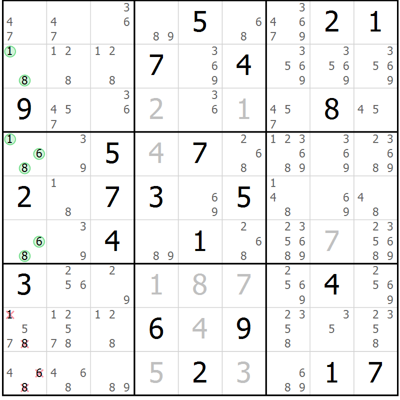 Position des candidats pour la solution de la Gr 14 page 17 du magazine de sudoku Virtuose n° 130