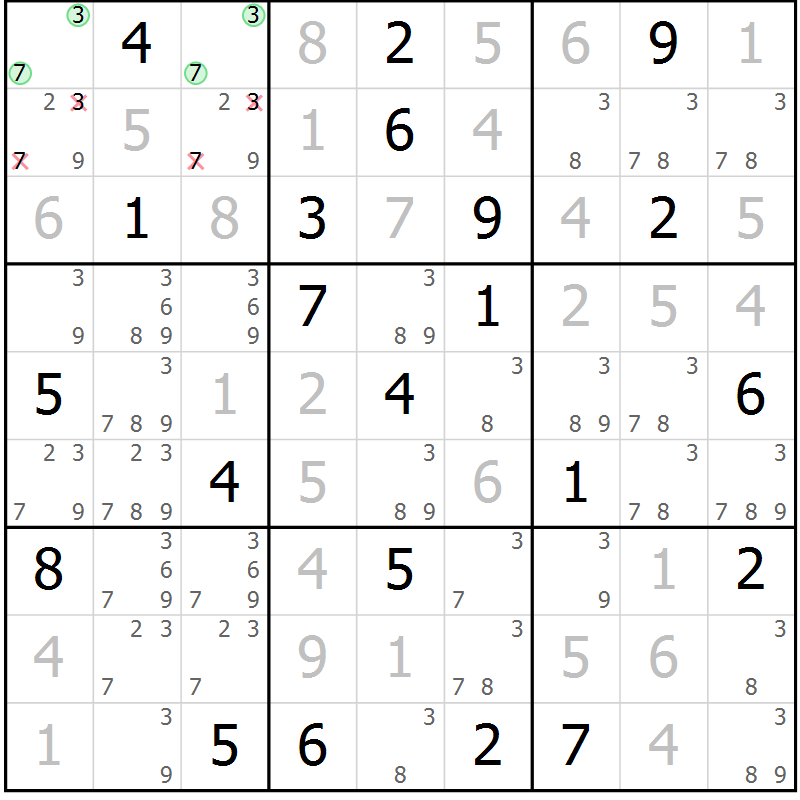Position des candidats pour la solution de la Gr 15 page 18 du magazine de sudoku Virtuose n° 130