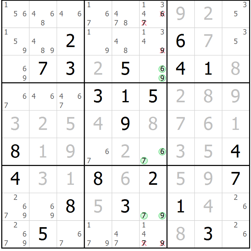 Position des candidats pour la solution de la Gr 18 page 21 du magazine de sudoku Virtuose n° 130