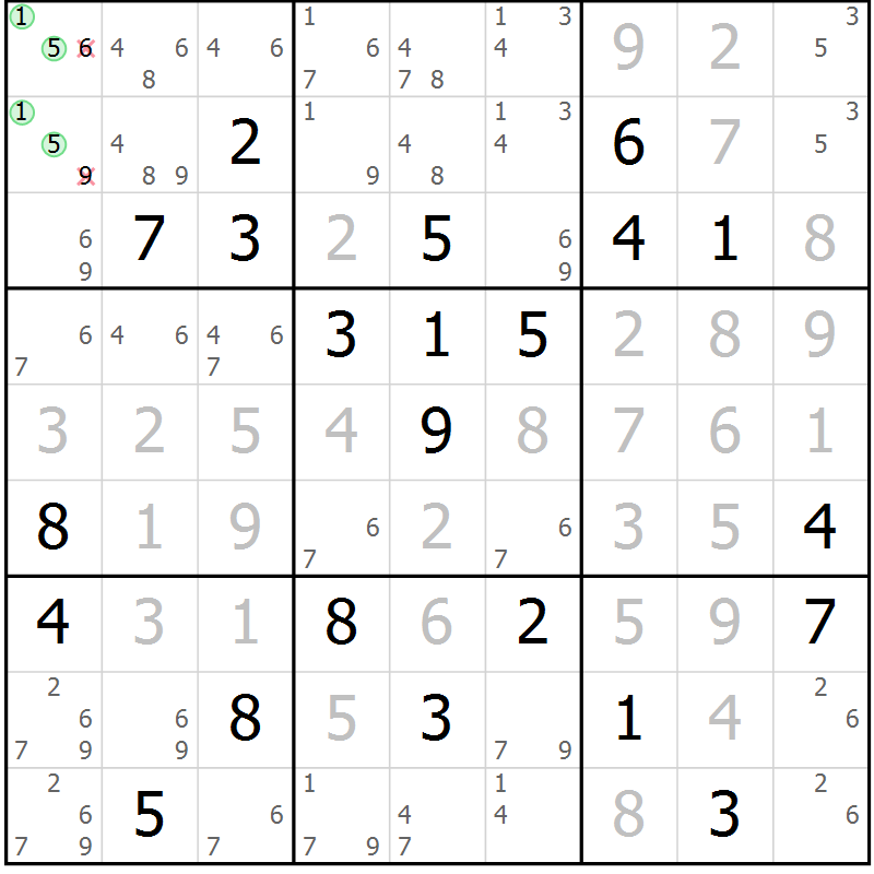 Position des candidats pour la solution de la Gr 18 page 21 du magazine de sudoku Virtuose n° 130
