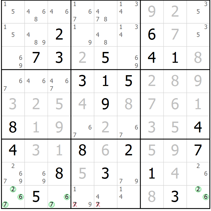 Position des candidats pour la solution de la Gr 18 page 21 du magazine de sudoku Virtuose n° 130
