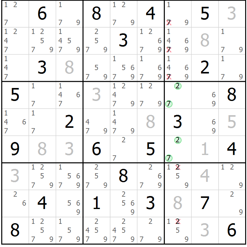 Position des candidats pour la solution de la Gr 2 page 5 du magazine de sudoku Virtuose n° 130