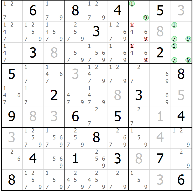 Position des candidats pour la solution de la Gr 2 page 5 du magazine de sudoku Virtuose n° 130