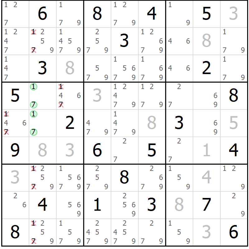Position des candidats pour la solution de la Gr 2 page 5 du magazine de sudoku Virtuose n° 130