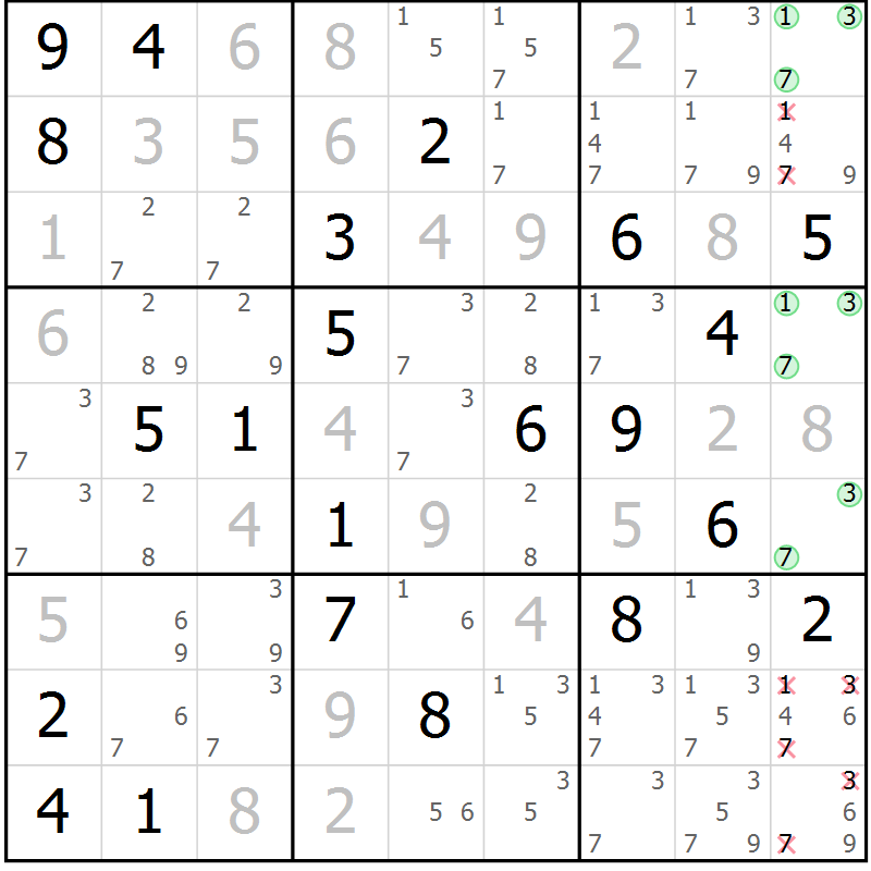 Position des candidats pour la solution de la Gr 21 page 24 du magazine de sudoku Virtuose n° 130