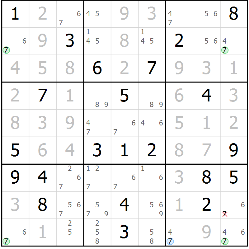 Position des candidats pour la solution de la Gr 22 page 25 du magazine de sudoku Virtuose n° 130