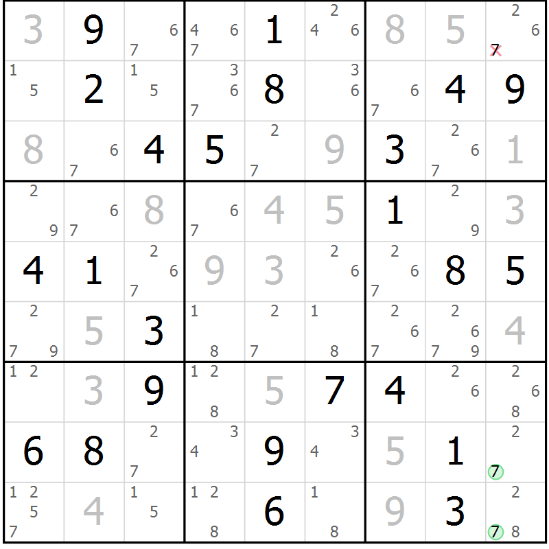 Position des candidats pour la solution de la Gr 24 page 27 du magazine de sudoku Virtuose n° 130