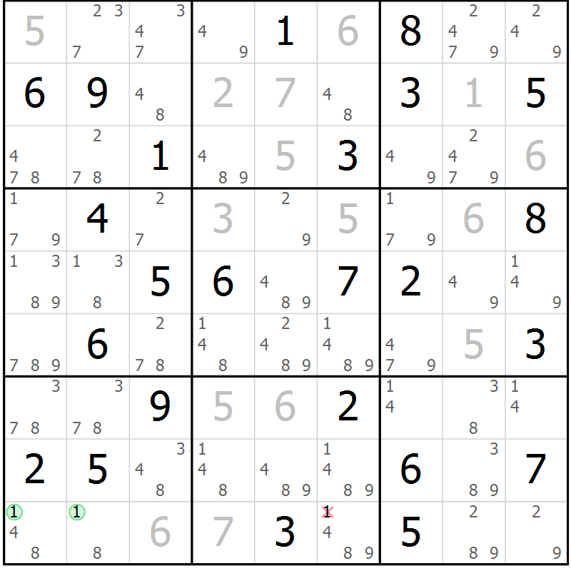 Position des candidats pour la solution de la Gr 25 page 28 du magazine de sudoku Virtuose n° 130