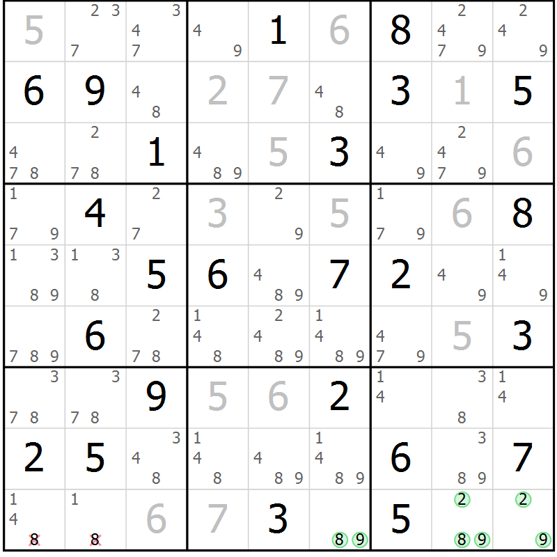 Position des candidats pour la solution de la Gr 25 page 28 du magazine de sudoku Virtuose n° 130