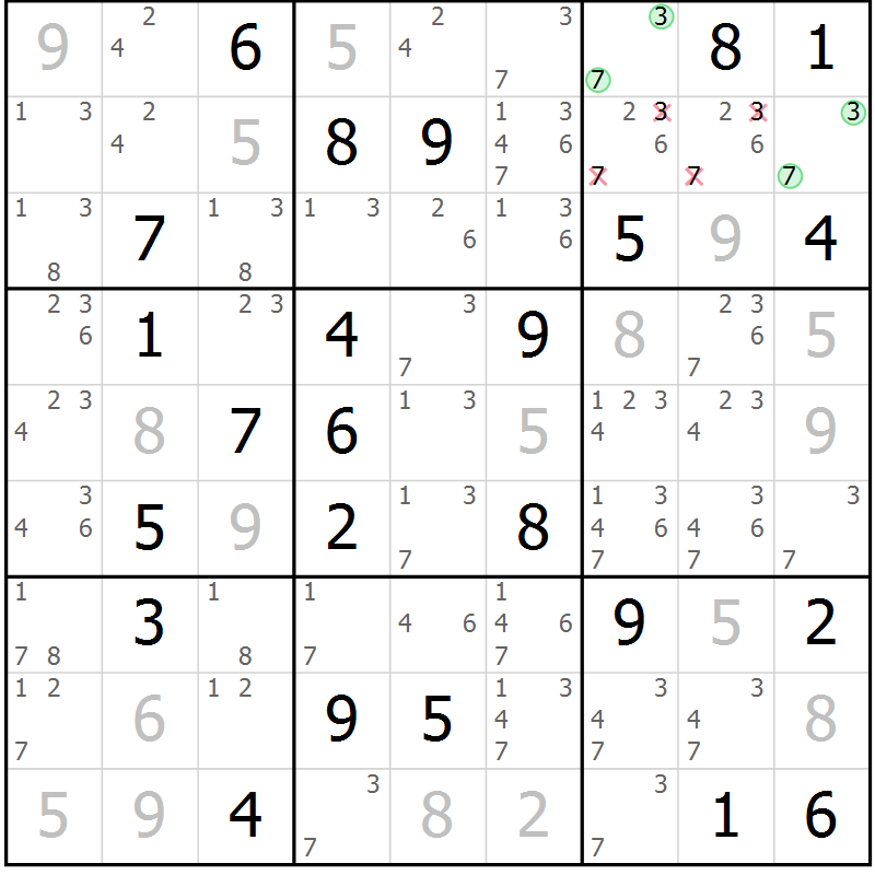 Position des candidats pour la solution de la Gr 26 page 29 du magazine de sudoku Virtuose n° 130