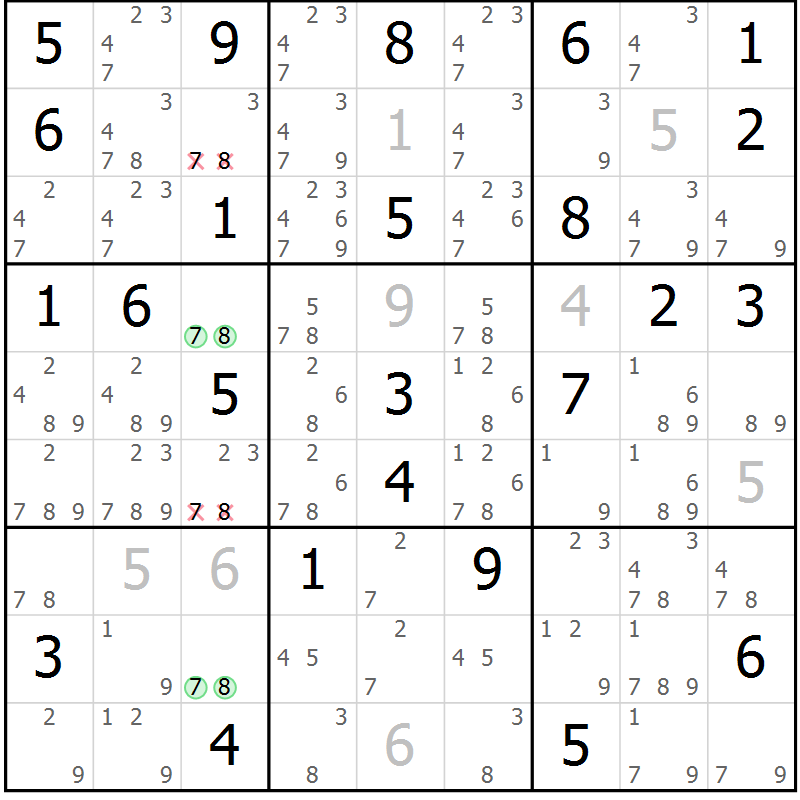 Position des candidats pour la solution de la Gr 28 page 31 du magazine de sudoku Virtuose n° 130