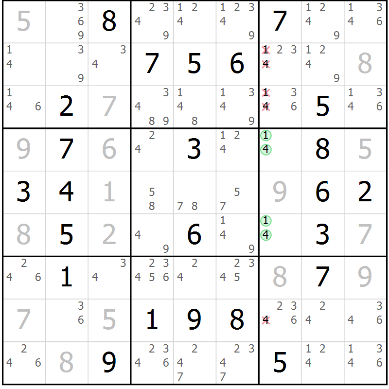 Position des candidats pour la solution de la Gr 29 page 32 du magazine de sudoku Virtuose n° 130