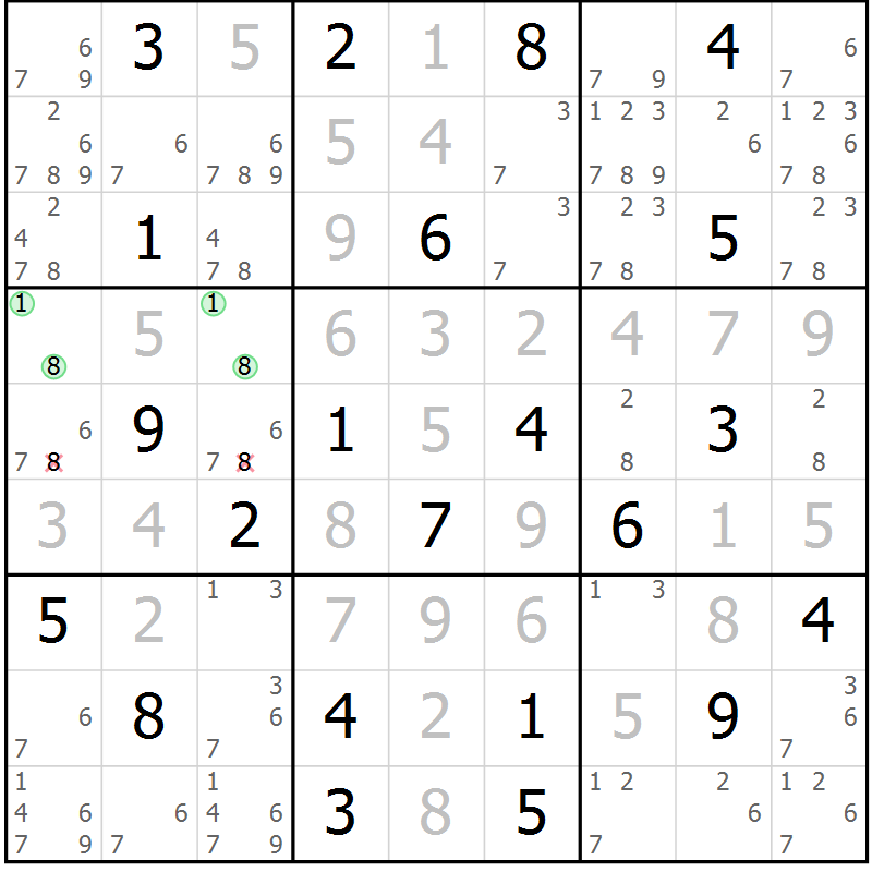 Position des candidats pour la solution de la Gr 3 page 6 du magazine de sudoku Virtuose n° 130