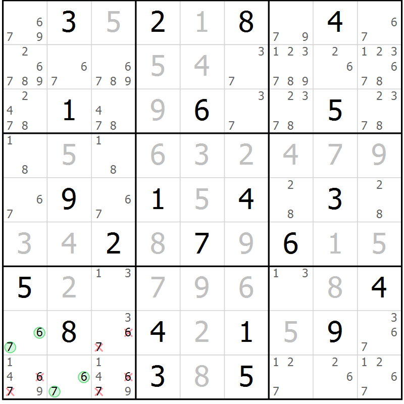 Position des candidats pour la solution de la Gr 3 page 6 du magazine de sudoku Virtuose n° 130