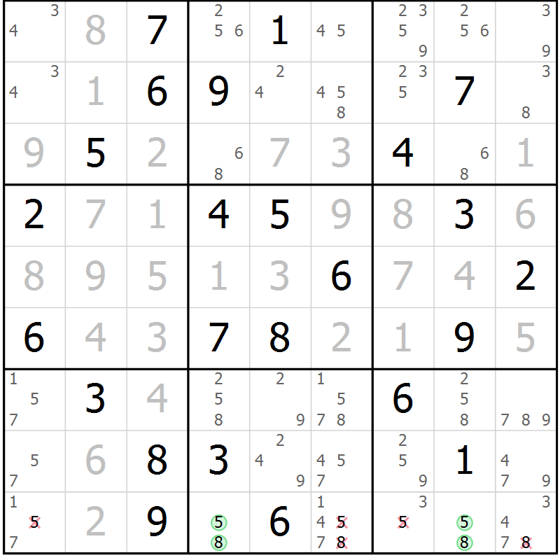 Position des candidats pour la solution de la Gr 36 page 39 du magazine de sudoku Virtuose n° 130