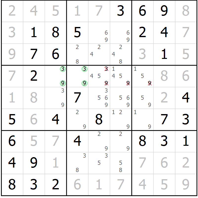Position des candidats pour la solution de la Gr 39 page 42 du magazine de sudoku Virtuose n° 130