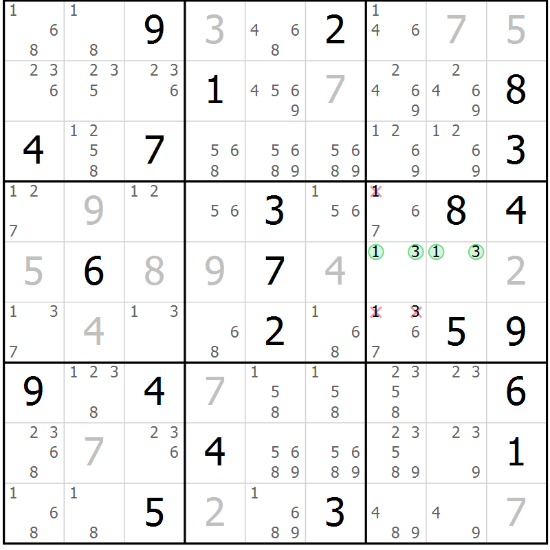 Position des candidats pour la solution de la Gr 4 page 7 du magazine de sudoku Virtuose n° 130