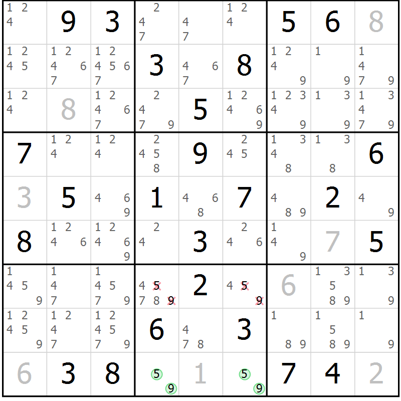 Position des candidats pour la solution de la Gr 40 page 43 du magazine de sudoku Virtuose n° 130