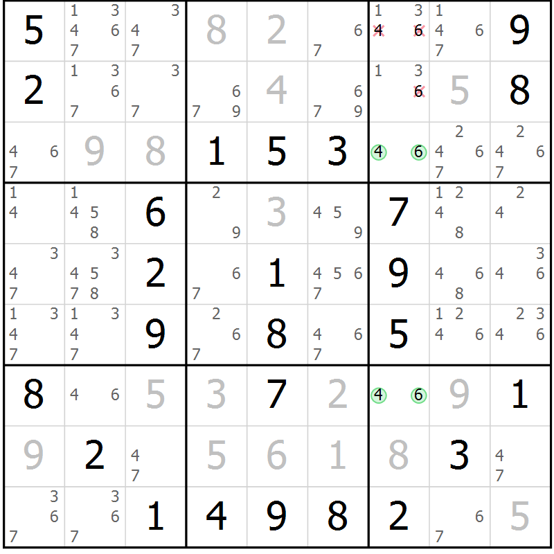Position des candidats pour la solution de la Gr 42 page 45 du magazine de sudoku Virtuose n° 130