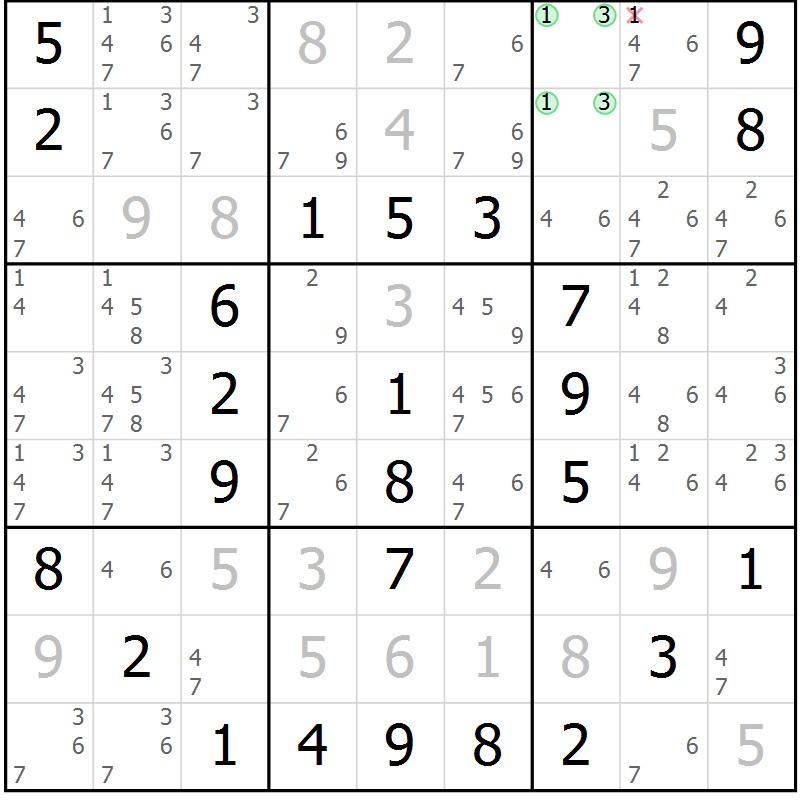 Position des candidats pour la solution de la Gr 42 page 45 du magazine de sudoku Virtuose n° 130