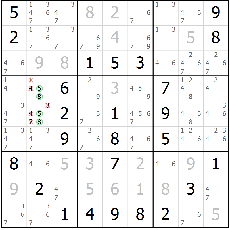 Position des candidats pour la solution de la Gr 42 page 45 du magazine de sudoku Virtuose n° 130