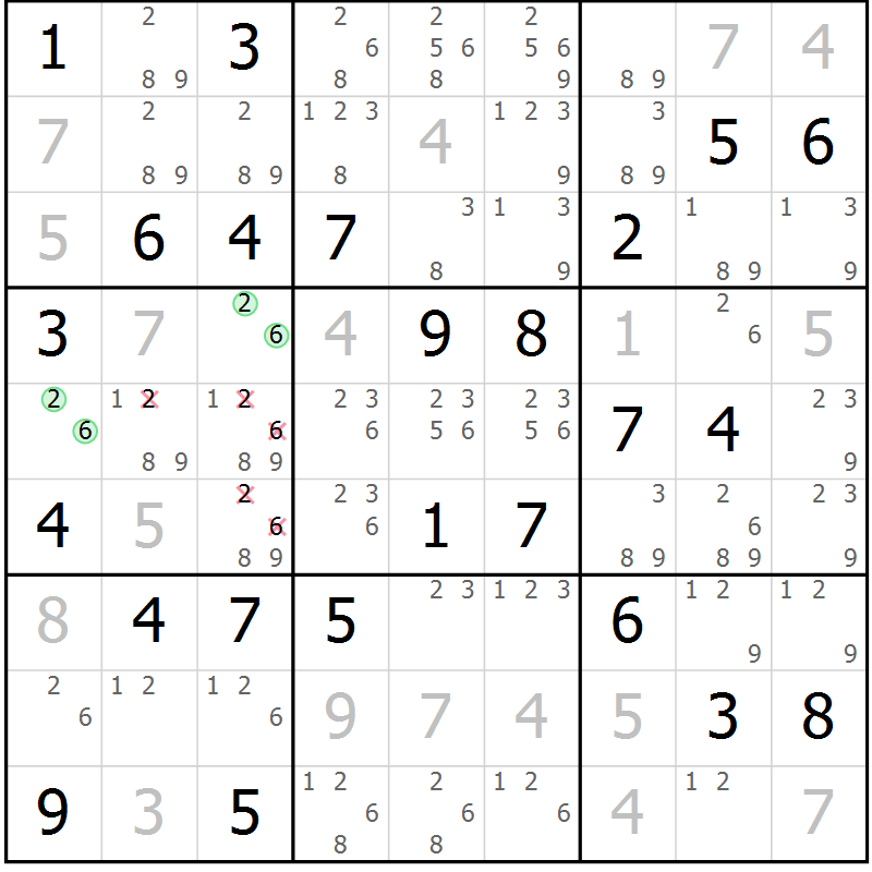 Position des candidats pour la solution de la Gr 43 page 46 du magazine de sudoku Virtuose n° 130