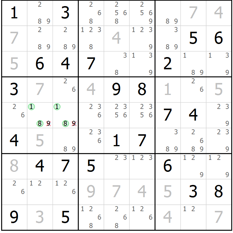 Position des candidats pour la solution de la Gr 43 page 46 du magazine de sudoku Virtuose n° 130