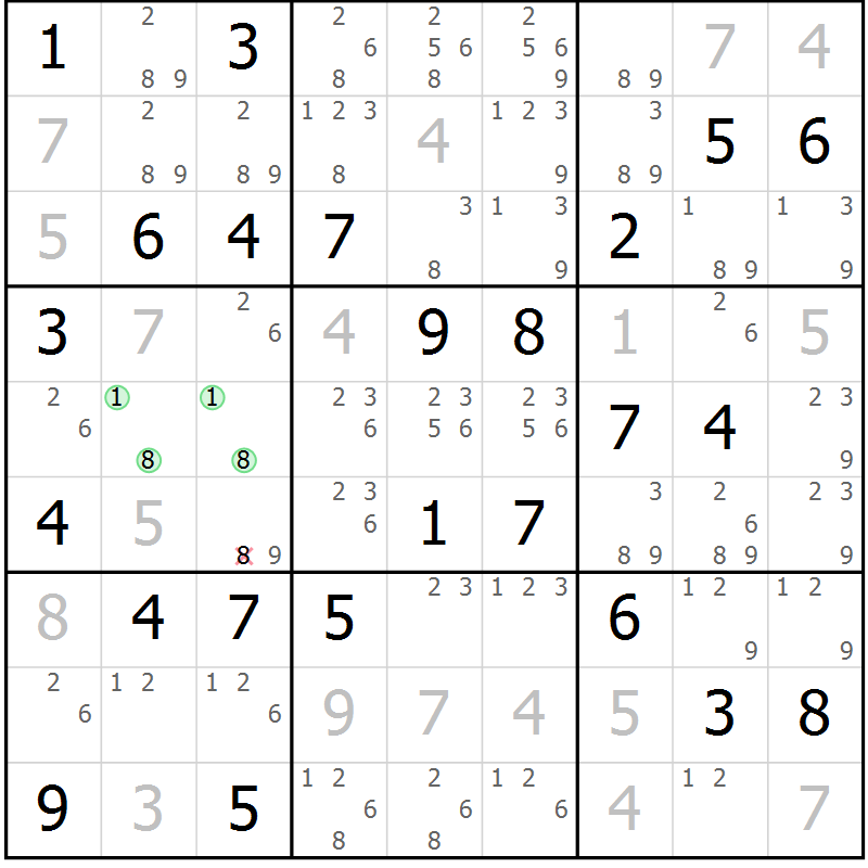 Position des candidats pour la solution de la Gr 43 page 46 du magazine de sudoku Virtuose n° 130
