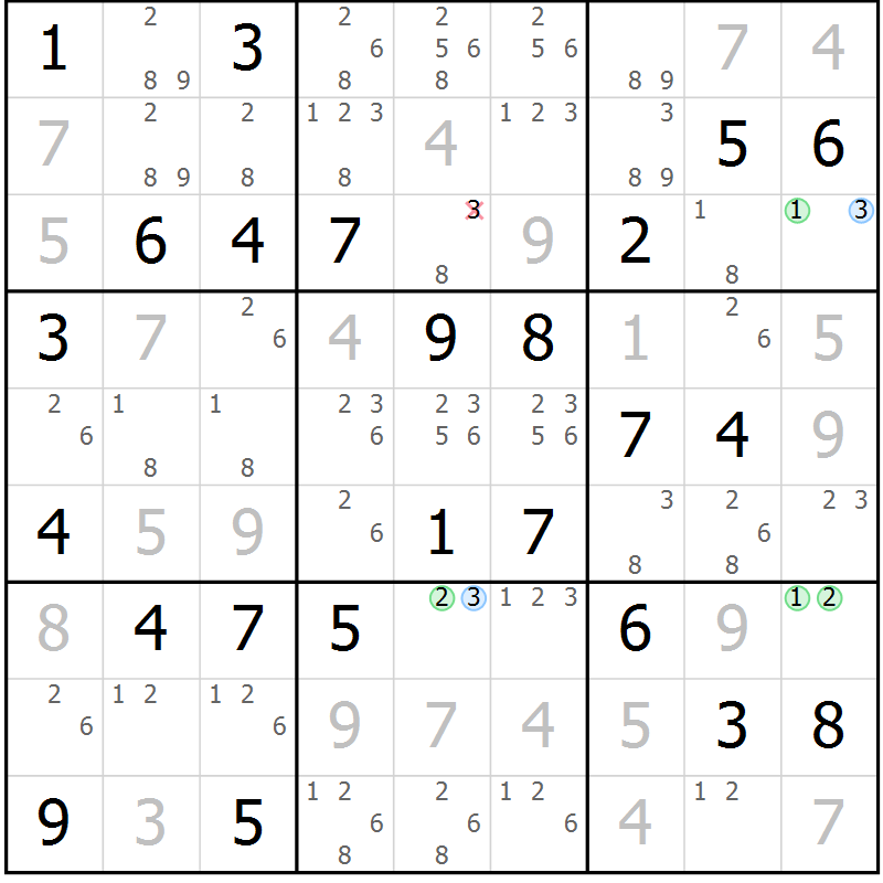 Position des candidats pour la solution de la Gr 43 page 46 du magazine de sudoku Virtuose n° 130