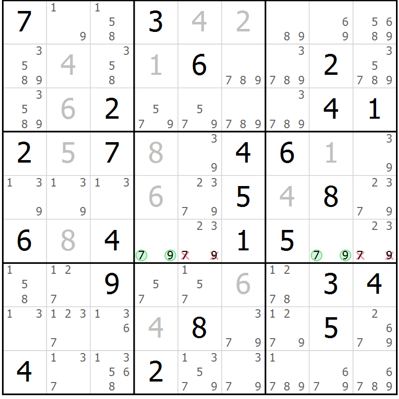 Position des candidats pour la solution de la Gr 45 page 48 du magazine de sudoku Virtuose n° 130