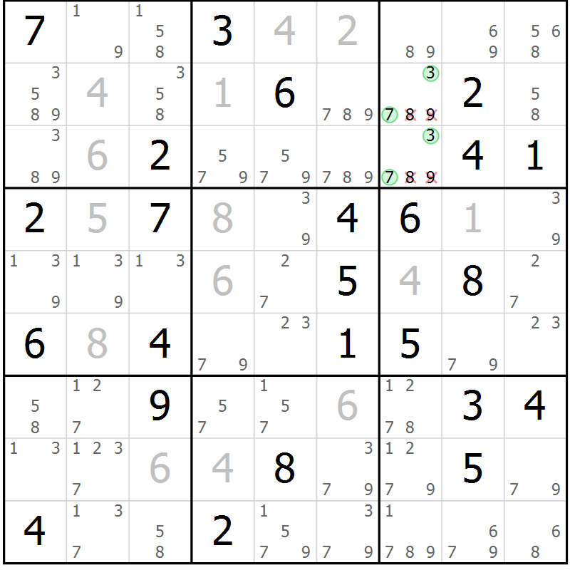 Position des candidats pour la solution de la Gr 45 page 48 du magazine de sudoku Virtuose n° 130