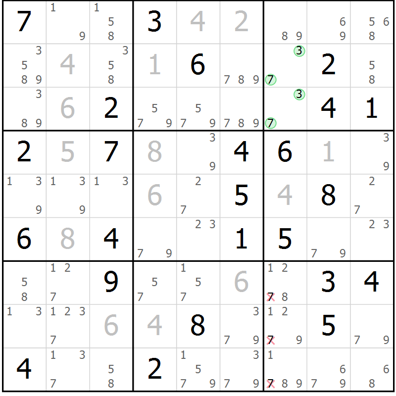 Position des candidats pour la solution de la Gr 45 page 48 du magazine de sudoku Virtuose n° 130
