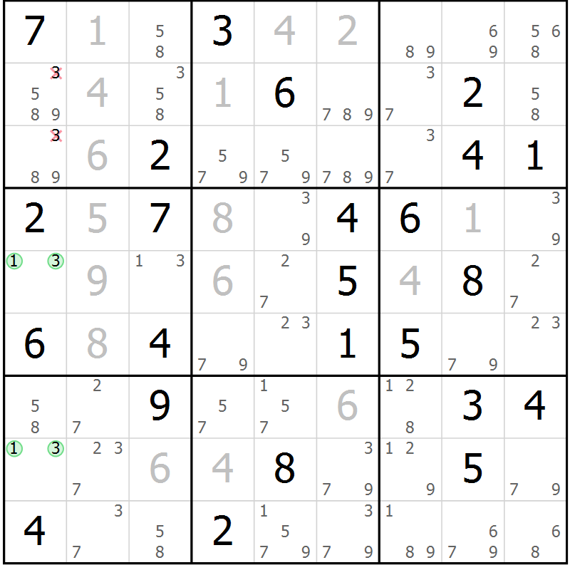 Position des candidats pour la solution de la Gr 45 page 48 du magazine de sudoku Virtuose n° 130